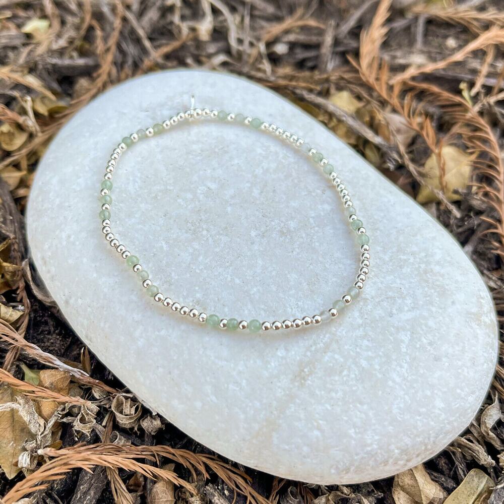 Fine Solid .925 Sterling Silver and green jade gemstone stacking bracelet gift - Picture 2 of 4